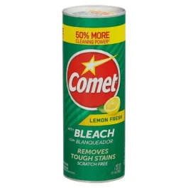 A canister of Comet Lemon Fresh cleaning powder with bleach, advertising stain removal and scratch-free use.