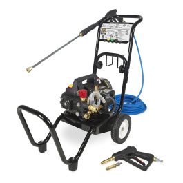 A portable pressure washer with hose and nozzles on white background.