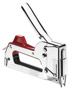 Chrome heavy-duty staple gun with red trigger on a white background.