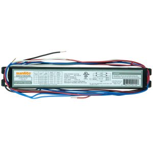 Fluorescent light ballast with wires and labeling information on a white background.