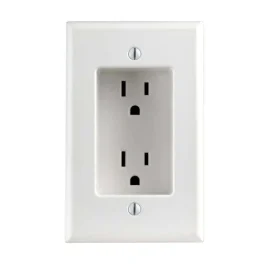 A standard North American electrical outlet with a white cover plate.