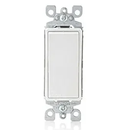 A single-pole white light switch by Leviton with mounting screws.