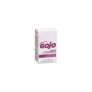 Box of GOJO Deluxe Lotion Soap with a white and purple design, 2-liter size.