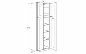 Line drawing of a 96" tall wardrobe with dimensions, showing open doors and shelves.