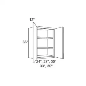 Line drawing of an open wall cabinet with dimensions labeled.