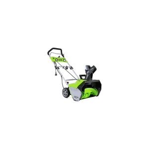 Green and black electric snow blower on a white background.