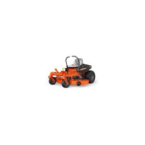 An orange zero-turn riding lawn mower isolated on a white background.