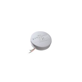 Hardwired smoke detector with wires exposed on a white background.