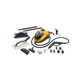 A yellow steam cleaner with various attachments and hoses on a white background.