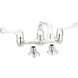 Chrome double-handle wall-mount faucet on a white background.