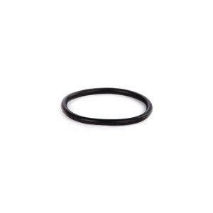 A single black rubber band on a white background.