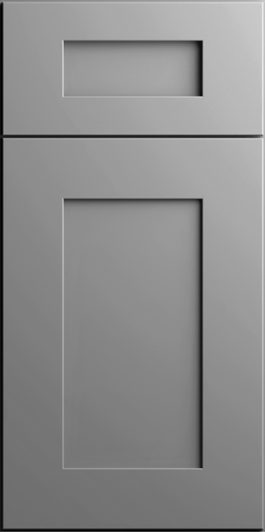 Modern gray drawer front with a small rectangular cutout on top and a larger one below.