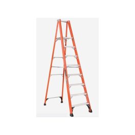 An orange stepladder in a fully extended position against a white background.