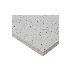A sample of white terrazzo flooring tile with black speckles on a plain background.