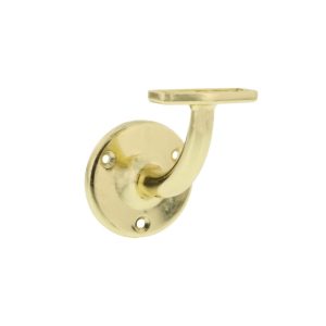 A brass wall-mounted hook with a circular base and curved arm on a white background.