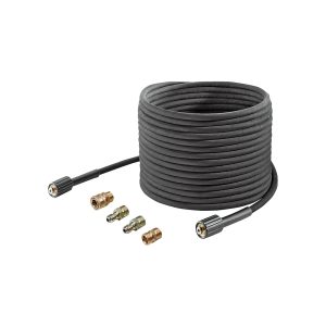 Coiled black coaxial cable with connectors on a white background.