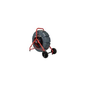 Portable garden hose reel cart with a grey plastic drum and red metal frame on black wheels.