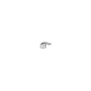A single, small silver-colored door handle against a white background.