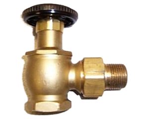 Brass compression shut-off valve with a black knob on a white background.