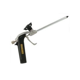 Foam insulation spray gun with a metallic nozzle on a white background.