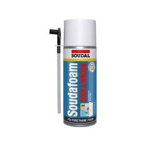 A canister of Soudal Door & Window polyurethane foam with applicator nozzle.