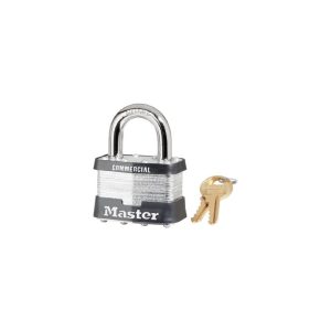 A silver Master padlock with two keys on a white background.
