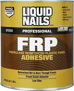 Can of Liquid Nails FRP adhesive for fiberglass reinforced plastic panels.