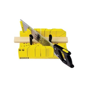 Yellow miter box with saw and wood piece for precision cutting.