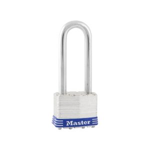 Silver padlock with a long shackle on a white background.