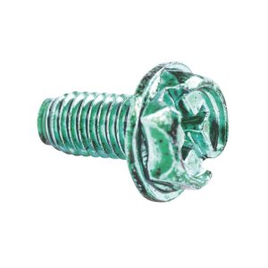 Close-up of a green, painted metal screw with a hex head and threaded body, isolated on a white background.
