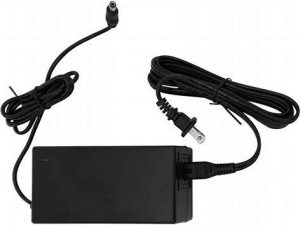 Laptop power adapter with AC cable and DC output plug on white background.