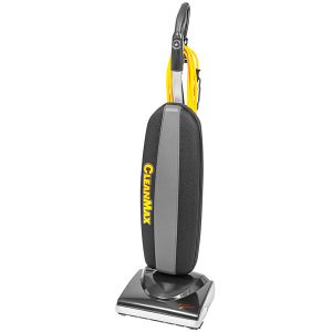 Upright vacuum cleaner with gray body and yellow accents on a white background.