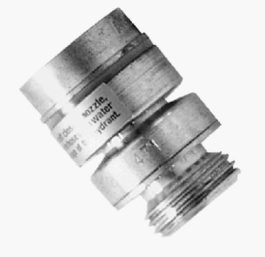 A grayscale image of a metal pipe fitting with threaded connectors and a label.