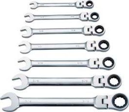 A set of open and ratcheting combination wrenches arranged by size on a white background.