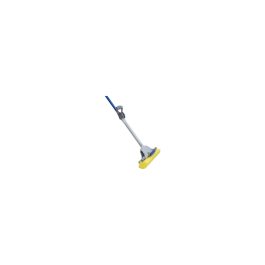 An isolated image of a modern mop with blue and yellow pads on a white background.