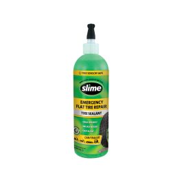 A bottle of Slime Emergency Flat Tire Repair sealant against a white background.