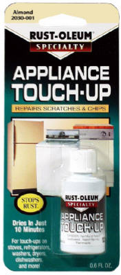 A bottle of Rust-Oleum Appliance Touch-Up paint in almond color for repairing appliances.