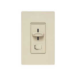 Beige dimmer light switch on a wall plate.