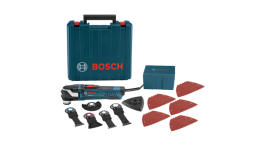 Bosch power tool with accessories and carrying case on a plain background.