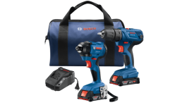 Bosch cordless drill and impact driver set with batteries, charger, and carrying bag.