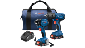 Bosch cordless drill and impact driver set with batteries, charger, and carrying bag.
