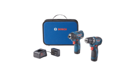 Bosch cordless drill with battery, charger, and carrying case on a light background.