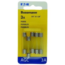 Pack of five 3A Bussmann cylindrical fuses in retail packaging.