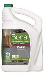 A bottle of Bona hard-surface floor cleaner with a label showing a foot pressing a spray button.