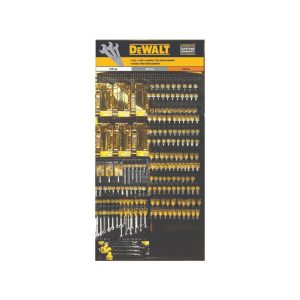An array of DeWalt drill bits and screwdriver sets on a display board.