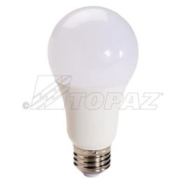 A white LED light bulb with a metallic screw base on a plain background.