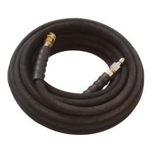 Coiled black rubber hose with metal fittings on a white background.