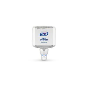 Wall-mounted Purell hand sanitizer dispenser with a clear label.