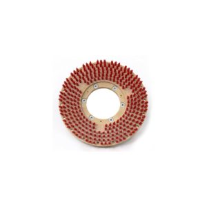 Circular wooden carding cloth with metal centre and red spikes on white background.