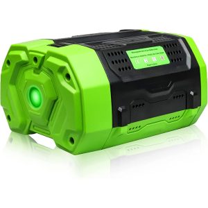 A green rechargeable lithium-ion battery pack for power tools on a white background.